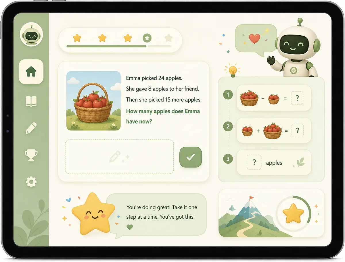 11PlusCoach.ai friendly AI tutor dashboard showing a step-by-step maths problem for children